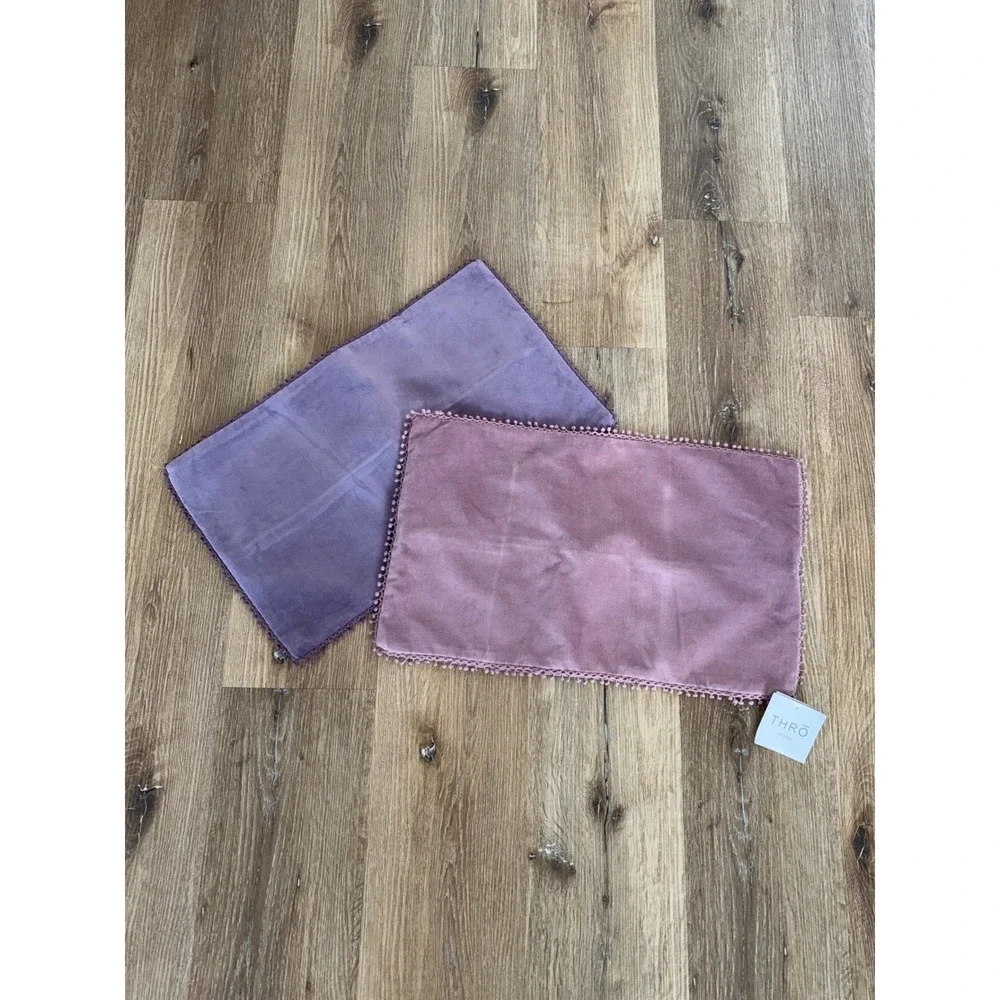 Thro Home Velvet Lumbar Pillow Covers Set 2 12x20 Purple Rose Pom Pom‎ Trim NEW